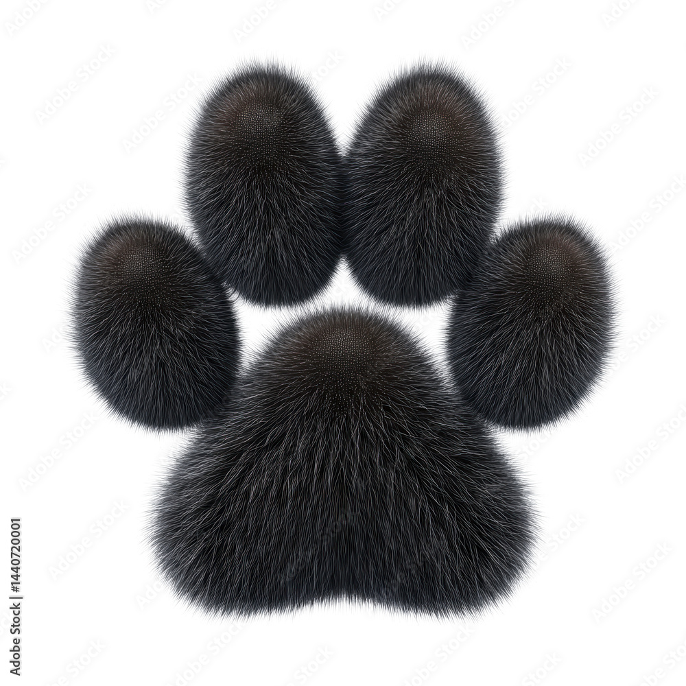 Poster fluffy black paw print with soft, furry texture creates playful and inviting design. detailed fur ef