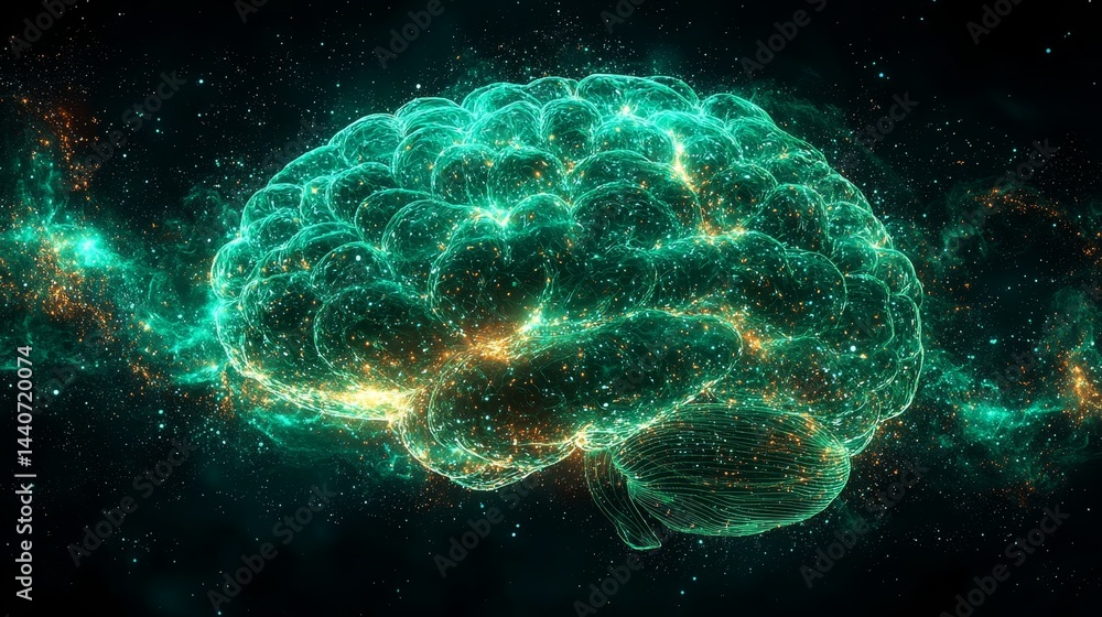 Poster digital brain representation with neural connections in cosmic space
