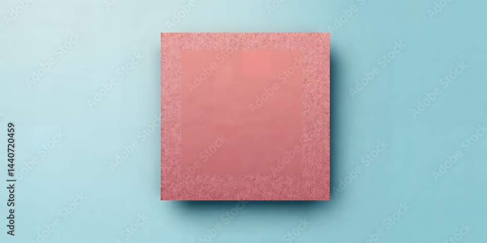 Poster a square of pink color is placed on a light blue background in a top down view shot flat lay