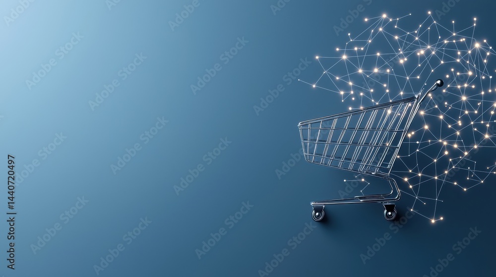 Poster shopping cart network interface online shopping shopping cart icon with data streams and network nod
