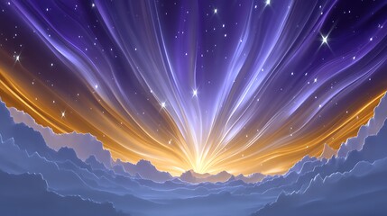Obraz premium Vibrant dawn sky, golden light bursts through clouds, with stars and colorful beams