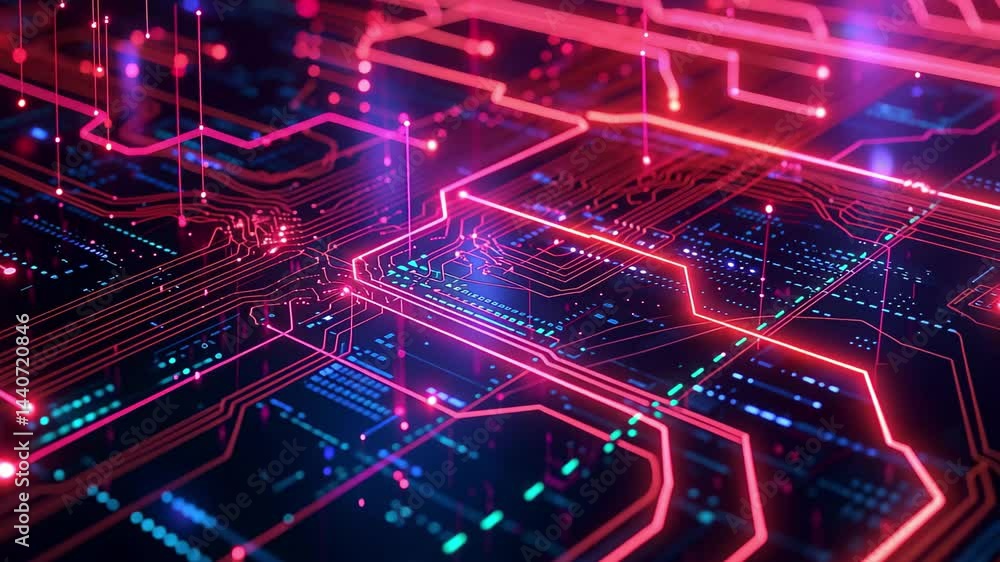 Poster abstract technology pattern featuring intricate circuit board design illuminated in vibrant pink and