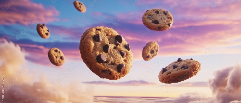 Poster chocolate chip cookies floating in a dreamy sky at sunset with soft clouds and warm light creating a