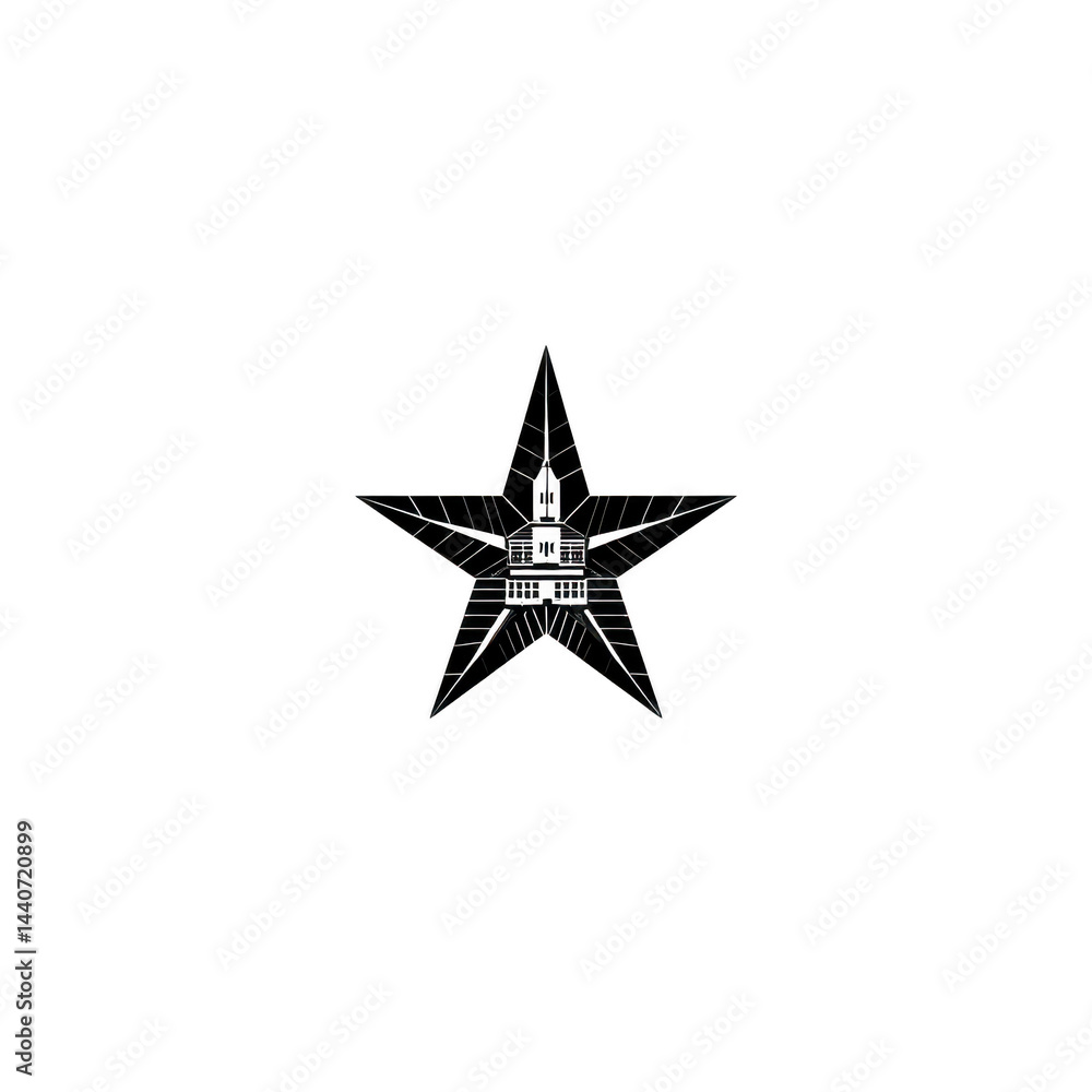 Poster black star with intricate geometric patterns and central design, set against transparent background.