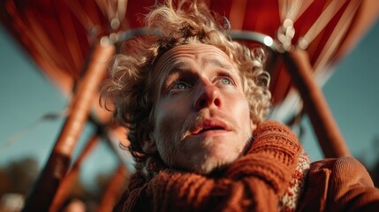 Obraz premium Caucasian young male experiencing adventure in hot air balloon ride on sunny day