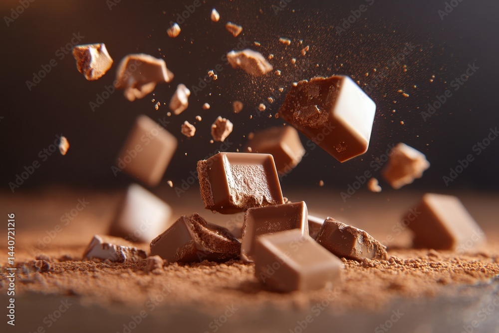 Poster chocolate chunks in mid air creating a dynamic and delicious scene with a dark backdrop and cocoa po