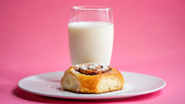 A plate with a pastry and a glass of milk.