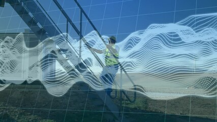 Man wearing hard hat, safety vest climbing metal staircase at site showing digital grid, waveforms - Powered by Adobe