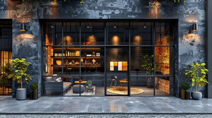 Stylish grey brickwall boutique facade mockup template, with a sophisticated blend of brick and metal finishes, set against a clean sidewalk 