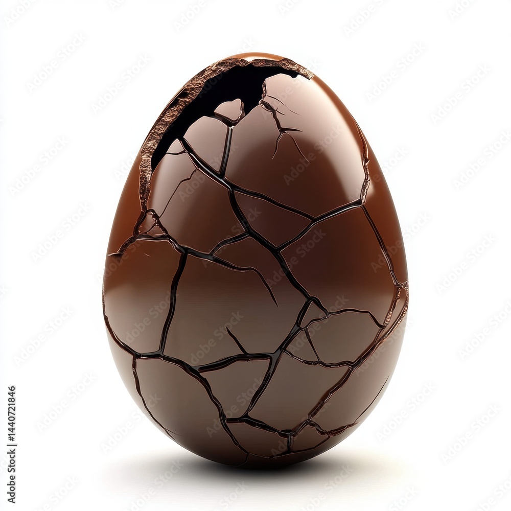 Poster decadent cracked chocolate egg against a pristine white backdrop creating a visually appealing and a