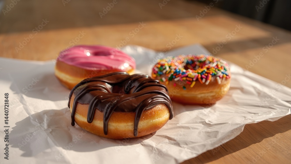 Poster A box of assorted donuts on a table.