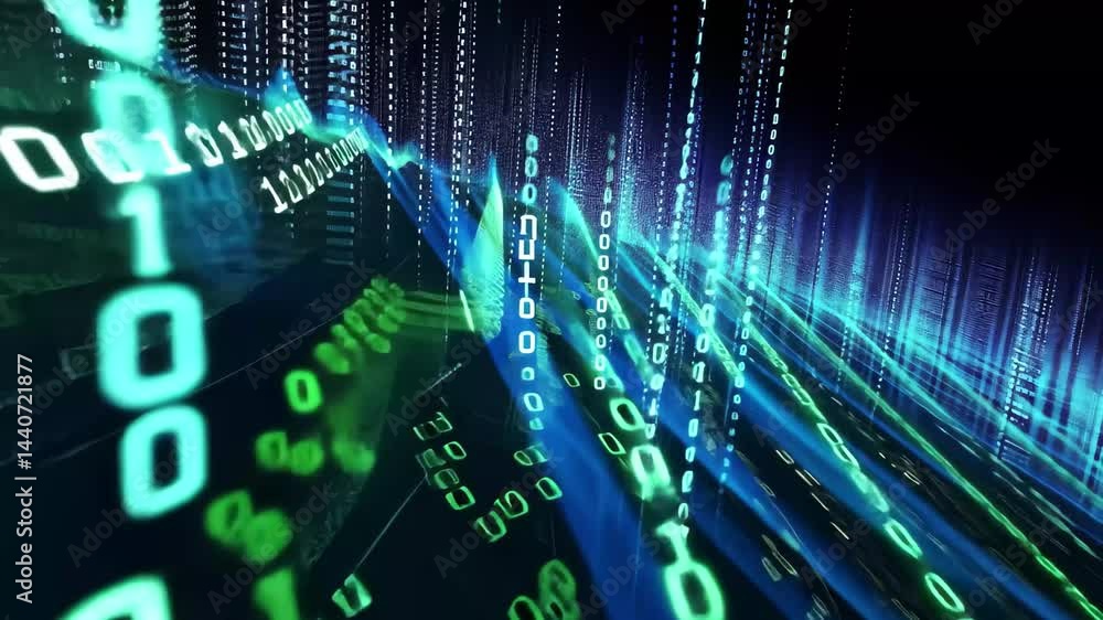Poster exploration of modern technology represented through dynamic blue digital waves and binary code, sho