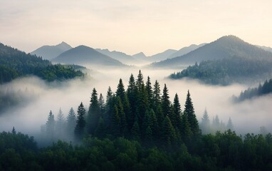 Fototapeta premium Misty mountain valley with evergreen forest