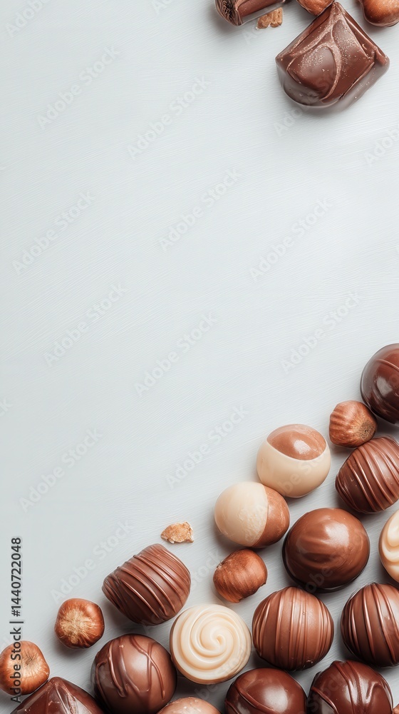 Poster delicious chocolate pralines and hazelnuts arranged on a clean white surface creating an inviting an