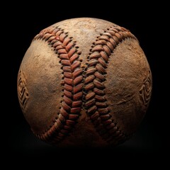 Weathered baseball close-up with red stitches on black background