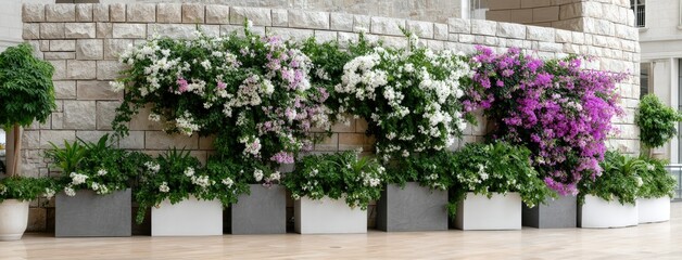 Fototapeta premium Colorful bougainvillea garden highlighting vibrant flowers against an old stone wall on a wooden floor during summer season