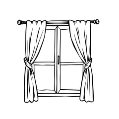 Twilight window with closed curtains, black and white vector illustration, for website or blog