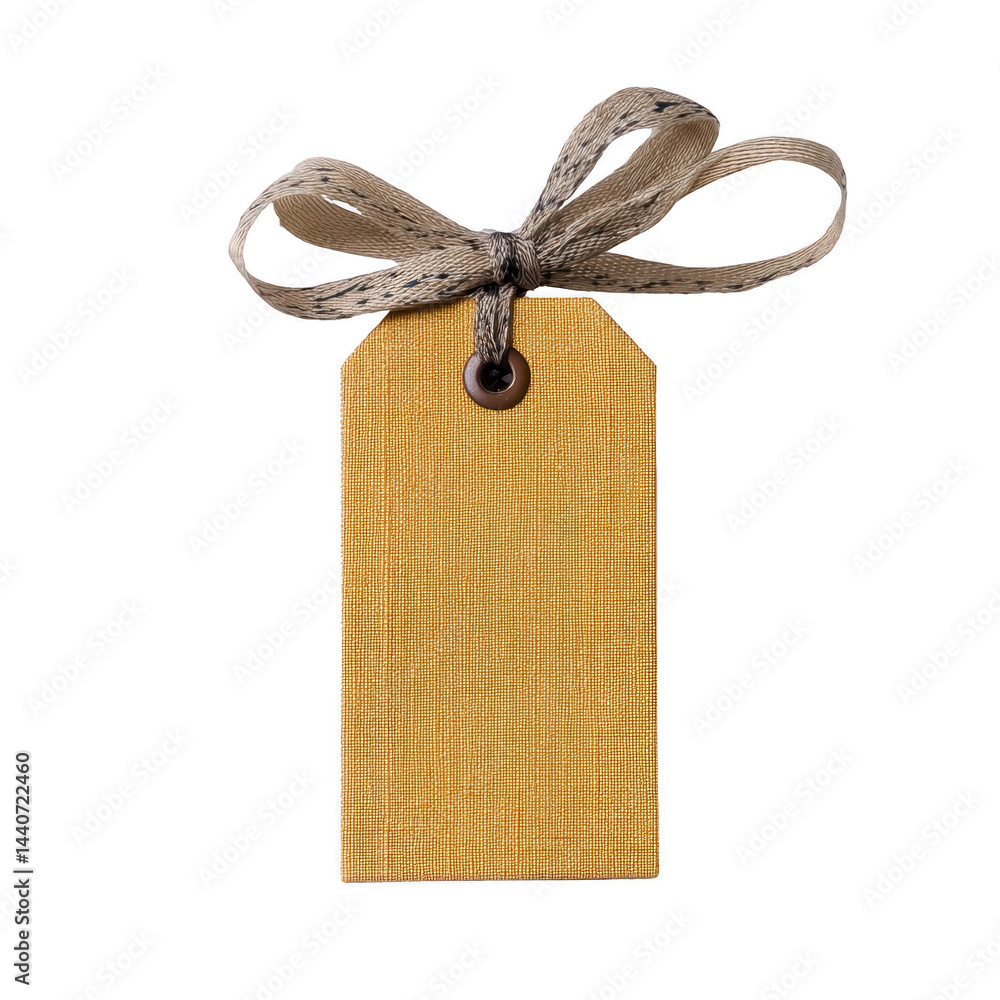 Poster textured yellow gift tag with rustic ribbon bow, perfect for adding personal touch to presents or cr