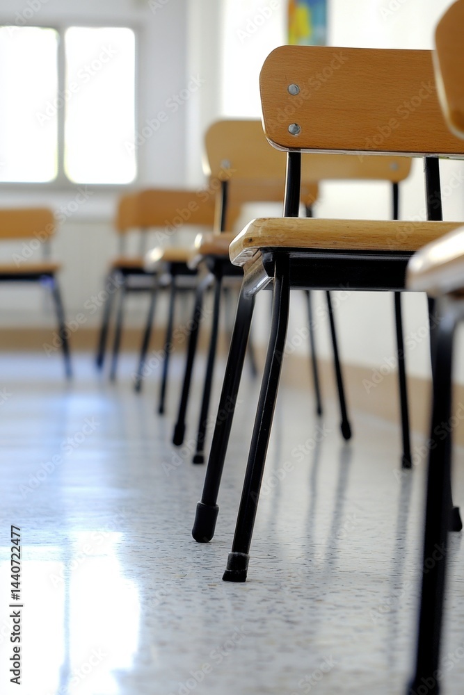 Aufkleber serene classroom chairs in a row reflecting sunlight on the floor creating a calm and orderly atmosp