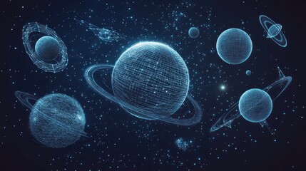 Wireframe planets and stars in dark space.