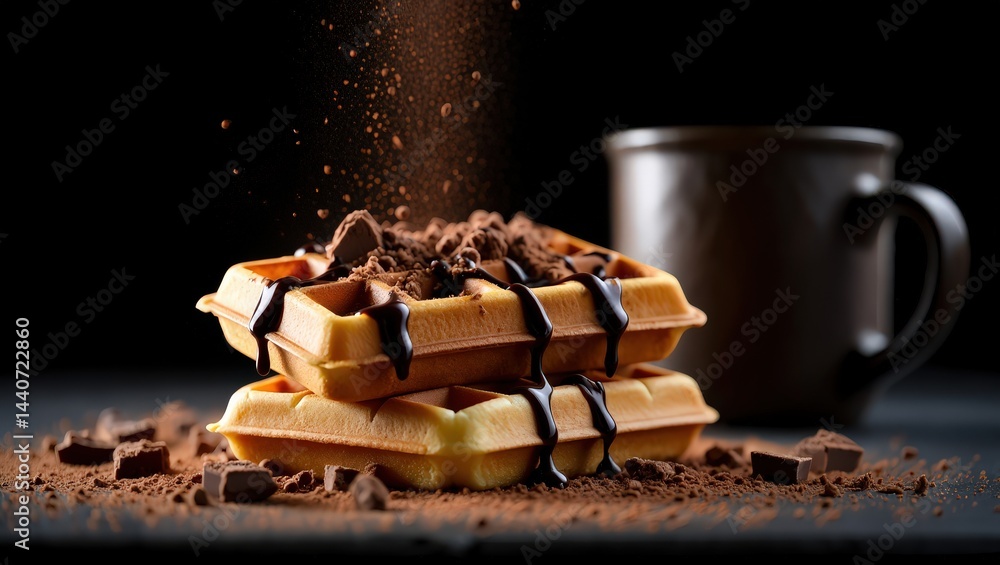 Poster stack of chocolate waffles with chocolate sauce, powdered sugar, and crushed nuts on a dark surface.