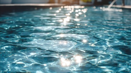Serene swimming pool water reflecting sunlight creating a calming and inviting atmosphere with gentle ripples and a refreshing blue hue perfect for summer relaxation