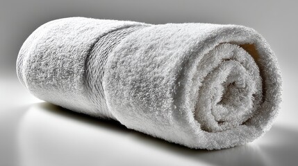 a clean white towel rolled up neatly on a white isolated background, soft and luxurious design