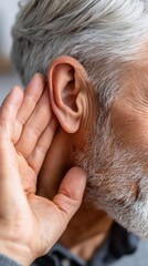 Naklejka premium Man listening intently while covering his ear with his hand, expressing curiosity or concern in a close-up shot with neutral background