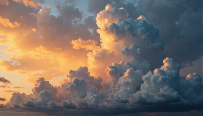 Abstract cloudscape of mammatus formations at sunset, turbulent sky  