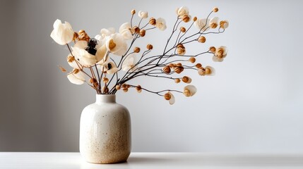 a modern ceramic vase with dried flowers on a white isolated background, stylish and elegant design
