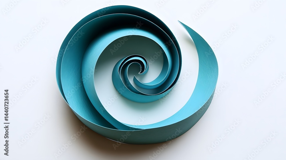 Poster abstract teal paper spiral art. layers of teal paper create a mesmerizing swirling pattern against a