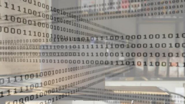 Binary code overlay being projected over modern workspace, showing desks, chairs and windows