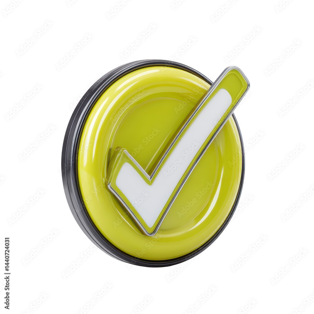 Poster shiny yellow check mark symbol with metallic outline is displayed on circular background, representi