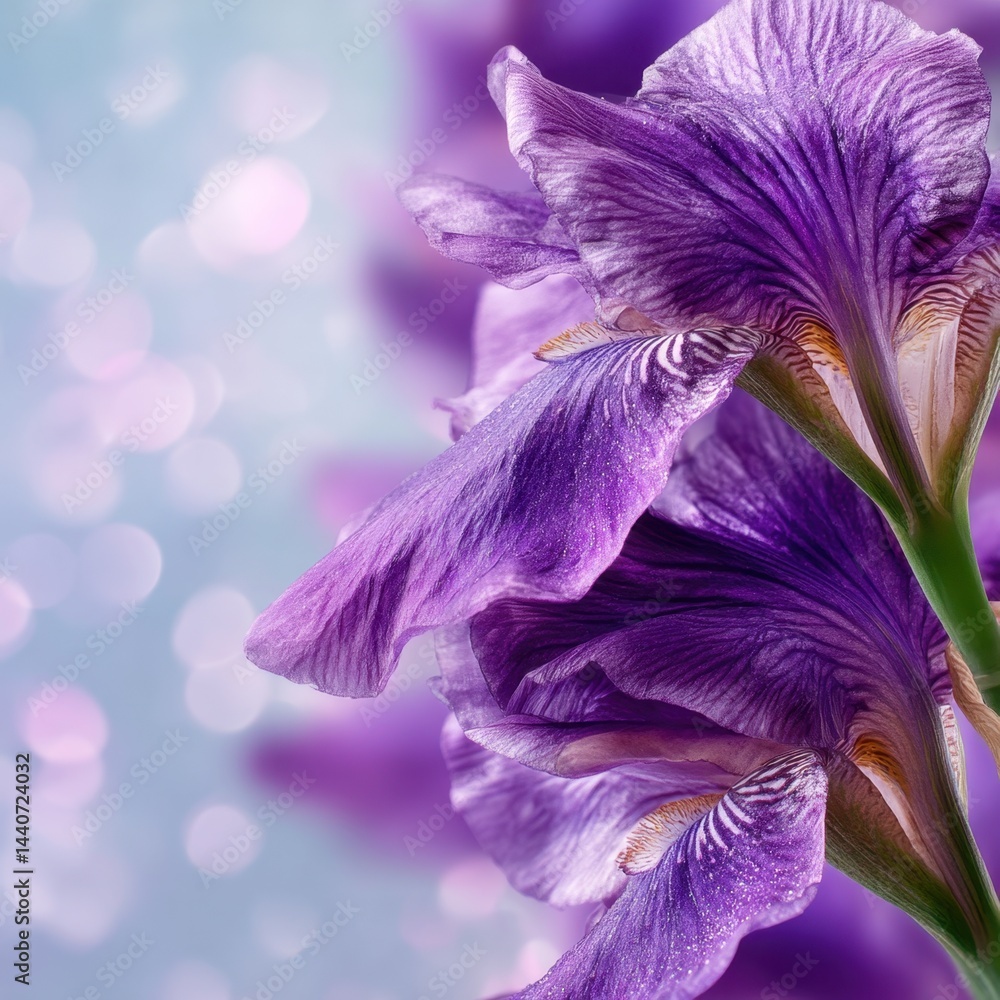 Poster ethereal iris bloom captivating close up of a vibrant purple flower with bokeh background showcasing