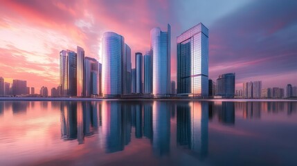 Fototapeta premium Modern city skyline reflecting in still water at dusk
