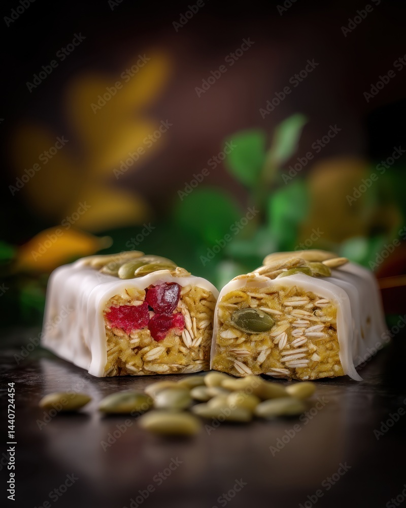 Poster close up of a delicious cereal bar with seeds and dried fruits on a dark surface in a studio shot wi