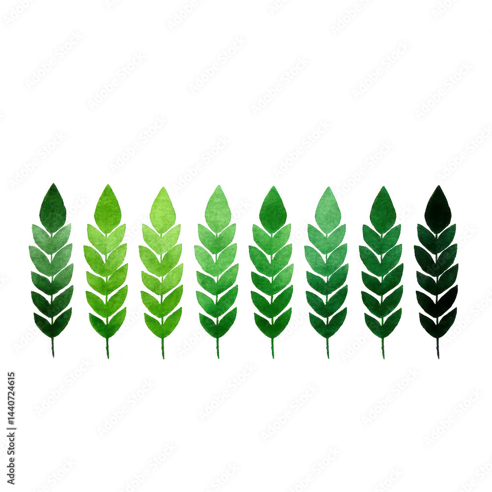 Poster Row of green leaves arranged in gradient from light to dark, symbolizing growth and change. leaves are evenly spaced and aligned vertically, creating harmonious pattern