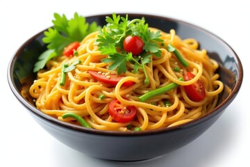 Close-up vibrant noodles with vegetables, isolated on white, colorful, close up