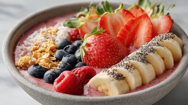 a freshly prepared smoothie bowl with fruits and granola on a white isolated background, healthy and colorful design