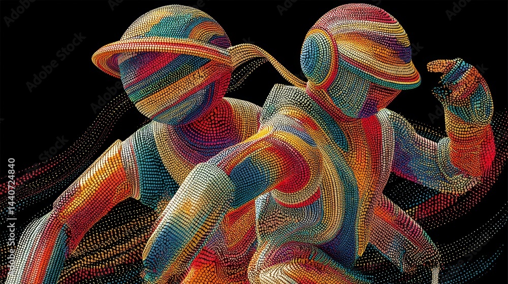 Poster vivid abstract futuristic figures with colorful dots and dynamic movement