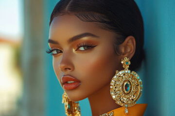 Woman in yellow dress, wearing gold earrings, standing in lush green field under clear blue sky, looking into the distance with a serene expression.