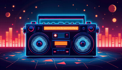 Pixel art style retro boombox with equalizer graphics, glowing elements  