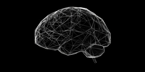 Abstract geometric brain with neural network lines on black background
