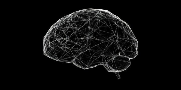 Abstract geometric brain with neural network lines on black background
