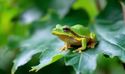 Obraz premium Small green tree frog on a leaf, natural, close-up. Possible use nature background, animal education, educational material, nature wallpaper