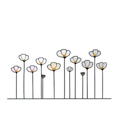Row of stylized, minimalist flowers with white petals and black stems creates modern, artistic design. flowers vary in height, adding dynamic and elegant touch to composition