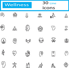 Collection of 30 line icons related to the wellbeing and wellness of human beings on a white background