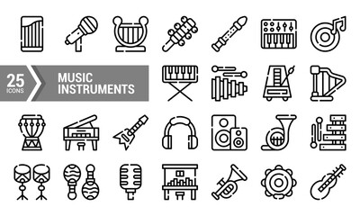 25 Lineal Music Instrument Icons for Your Design Project.
