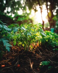 Lush tomato plant seedling growing in rich soil bathed in golden sunlight in a vibrant garden setting low angle shot capturing the essence of organic gardening