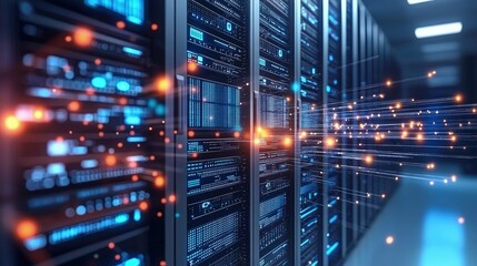 Obraz premium Data flow particles streaming from modern server racks with blue and orange lighting, ideal for cloud computing promotions, cybersecurity campaigns, and technology branding